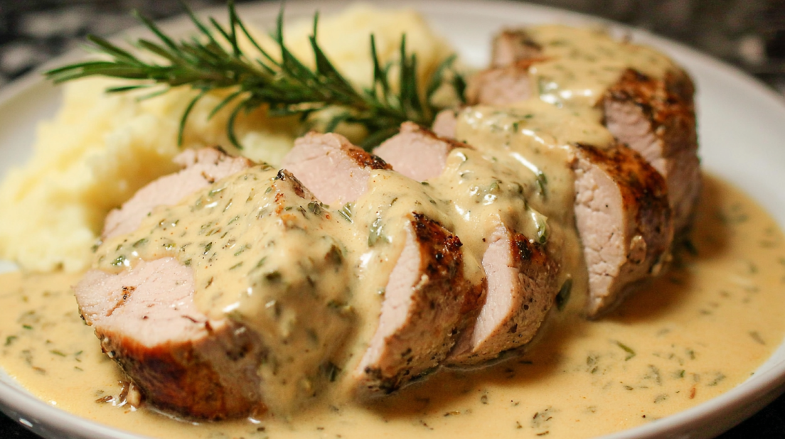 Pork Tenderloin with Dijon Cream Sauce sliced pork tenderloin topped with creamy Dijon mustard sauce, tender juicy pork served with herbs