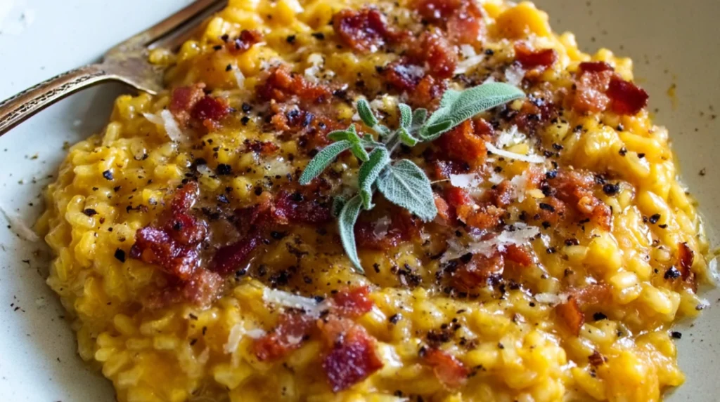 Pumpkin Risotto with Bacon and Parmesan creamy arborio rice cooked with pumpkin puree, crispy bacon pieces, and grated parmesan cheese served in a warm bowl