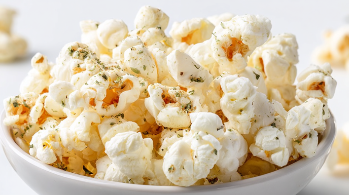 Ranch popcorn seasoned with herbs and spices, served in a bowl for snacking