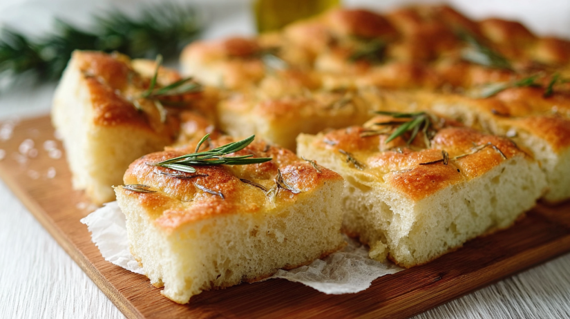 Rosemary Focaccia homemade focaccia bread topped with fresh rosemary and olive oil, golden crust artisan bread baked in pan