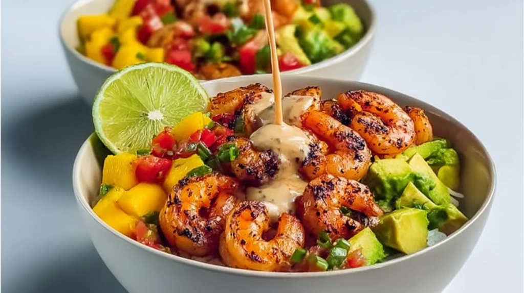 SHRIMP AND AVOCADO BOWLS WITH MANGO SALSA AND LIME CHILI SAUCE recipe
