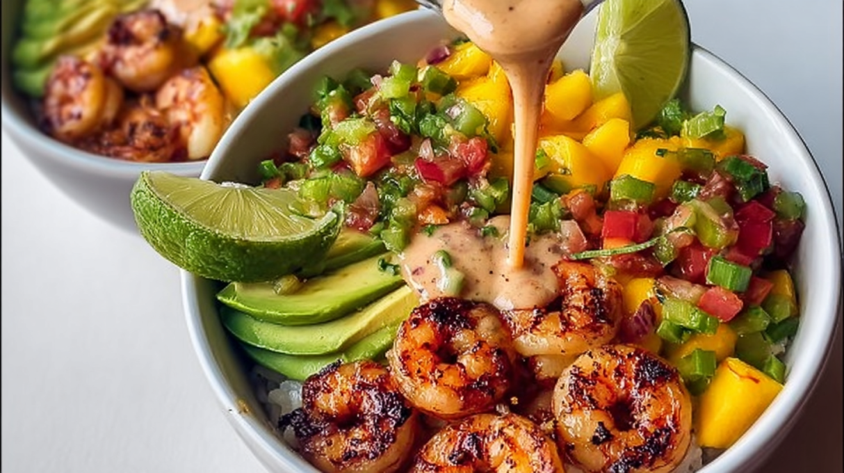 Shrimp and avocado bowl with mango salsa and lime chili sauce served over rice