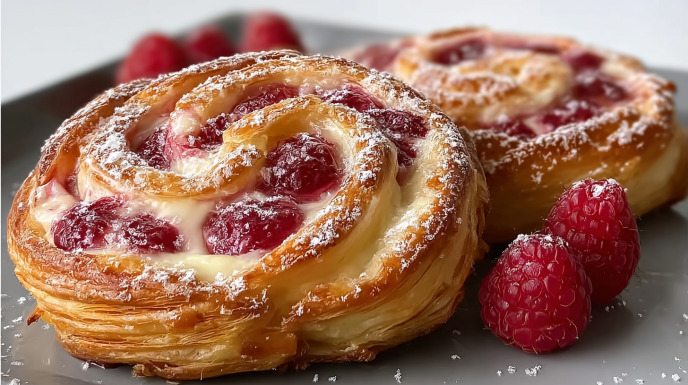 Sourdough discard raspberry cream cheese danishes with flaky pastry, sweet raspberries, and creamy filling