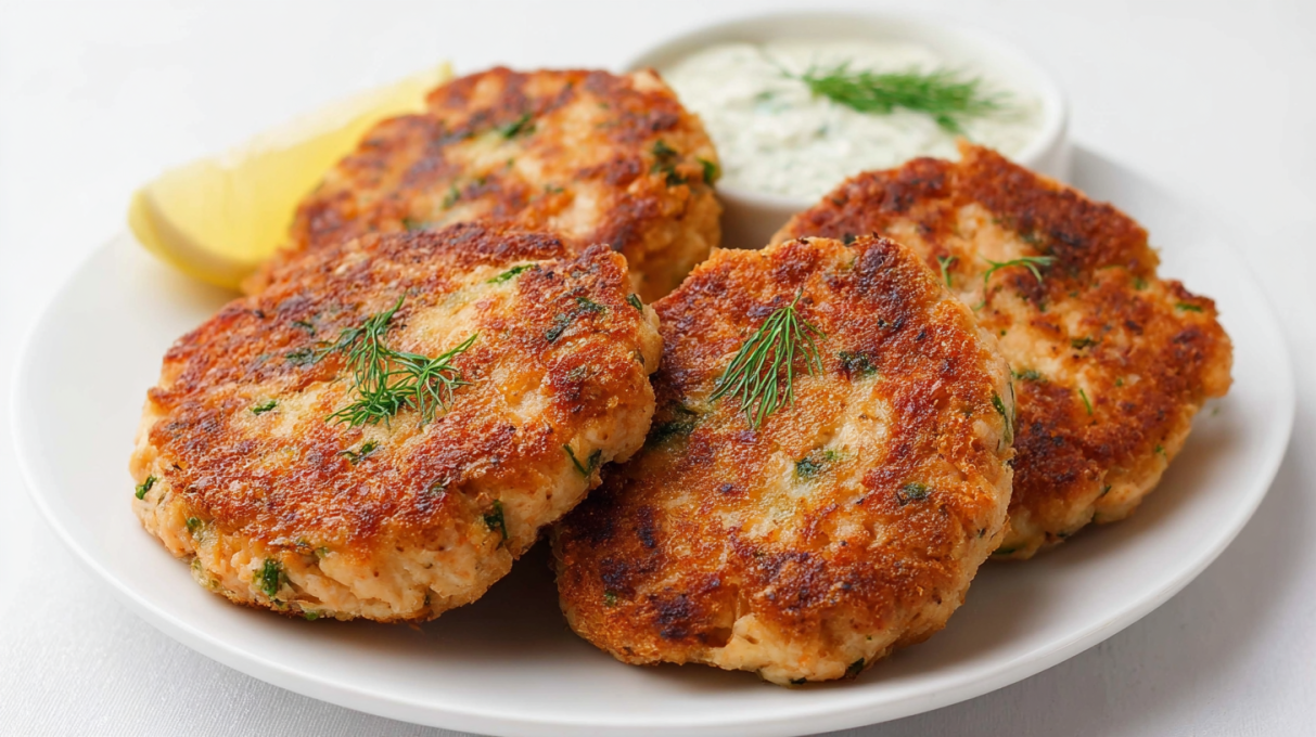 Golden salmon patties pan-fried until crispy, served with lemon wedges and herbs