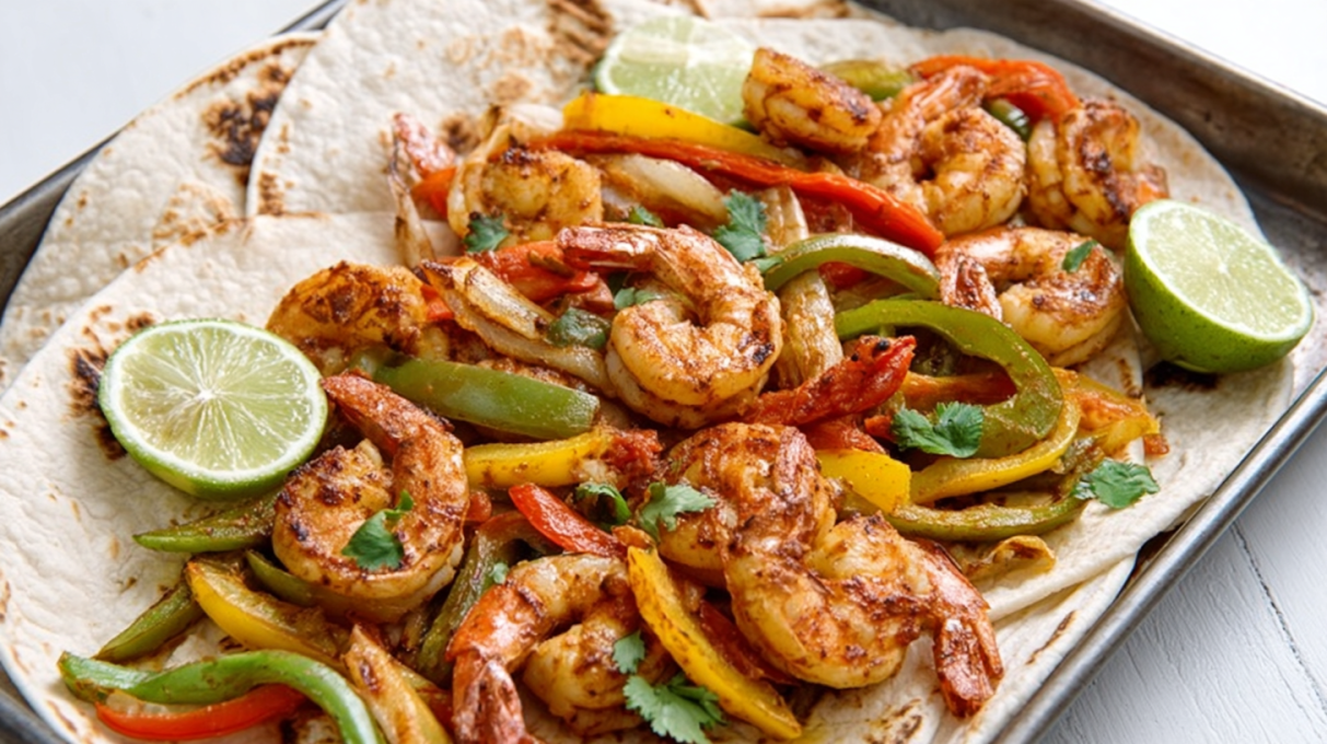 Sheet pan shrimp fajitas with seasoned shrimp, roasted bell peppers, and onions served on a baking tray