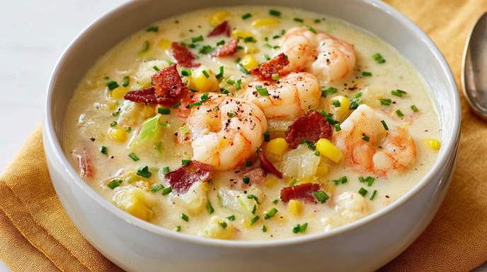 Creamy shrimp and corn chowder with tender shrimp, sweet corn, potatoes, and herbs in a rich broth