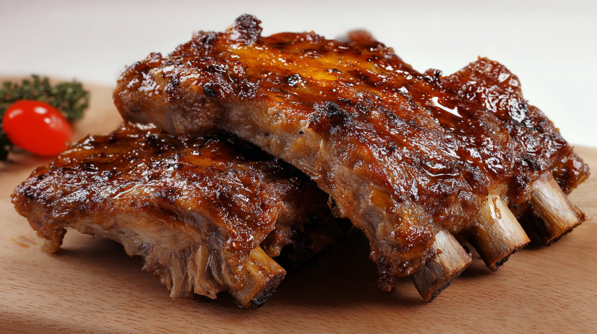 Smoked pork ribs with a caramelized barbecue glaze, tender and fall-off-the-bone texture