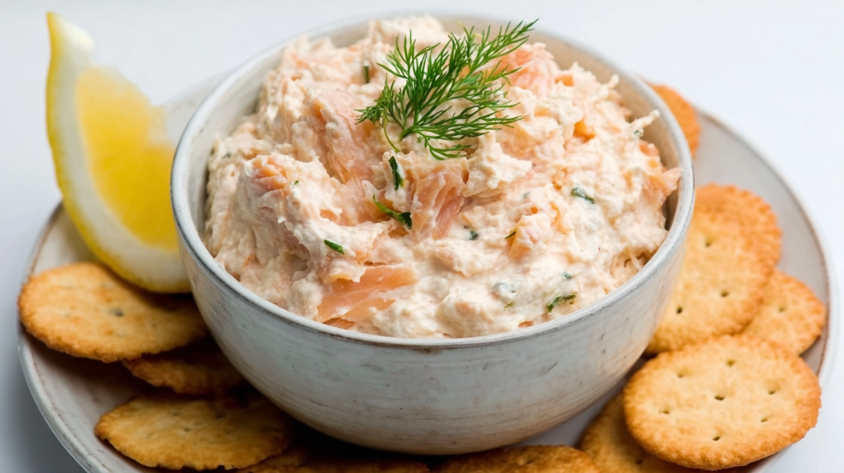Creamy smoked salmon dip served with crackers and fresh herbs