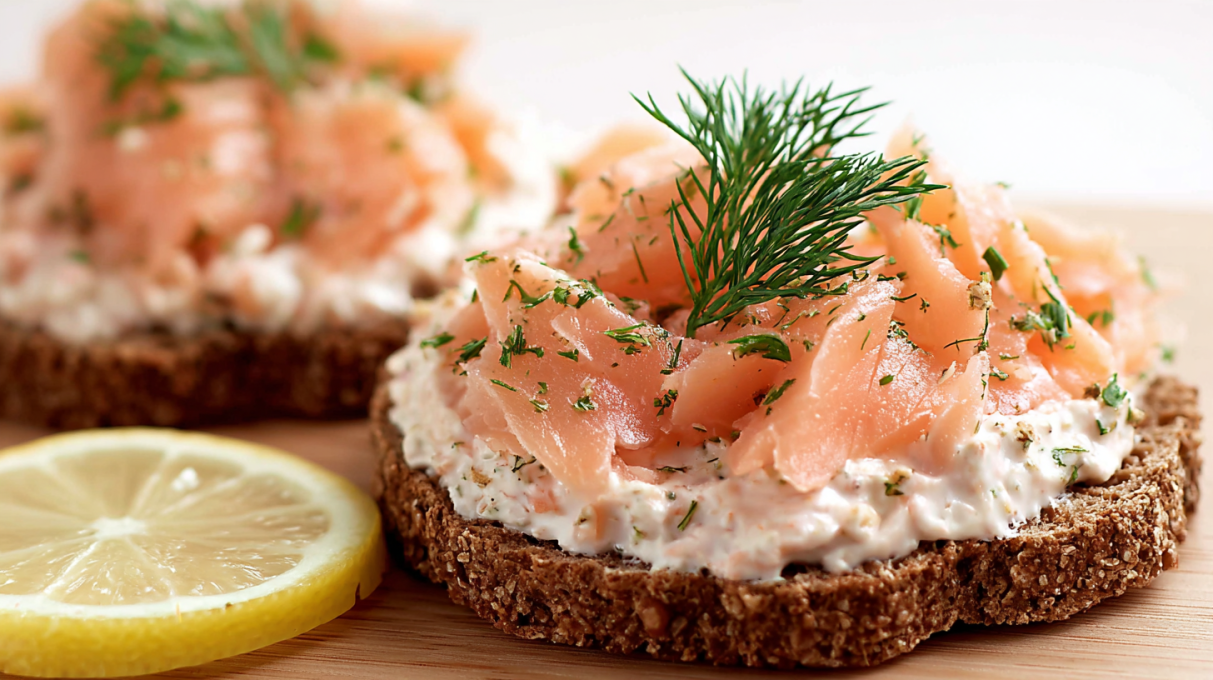 Smoked salmon spread served creamy with herbs, lemon, and crackers on the side