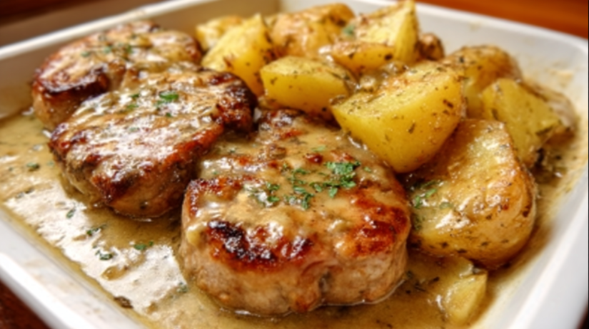 Smothered Pork Chops with Potatoes tender pork chops cooked in rich gravy with soft potatoes, hearty comfort food served on plate