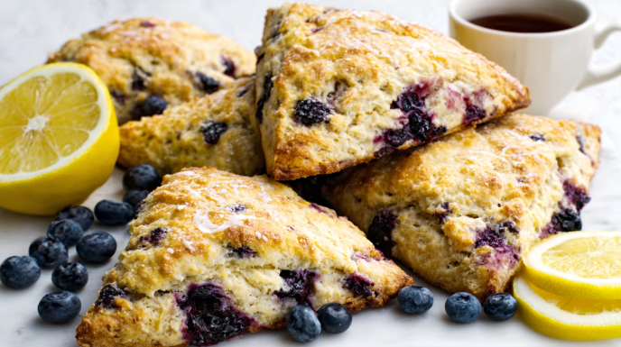 Sourdough blueberry lemon scones with golden crust, juicy blueberries, and a light lemon glaze