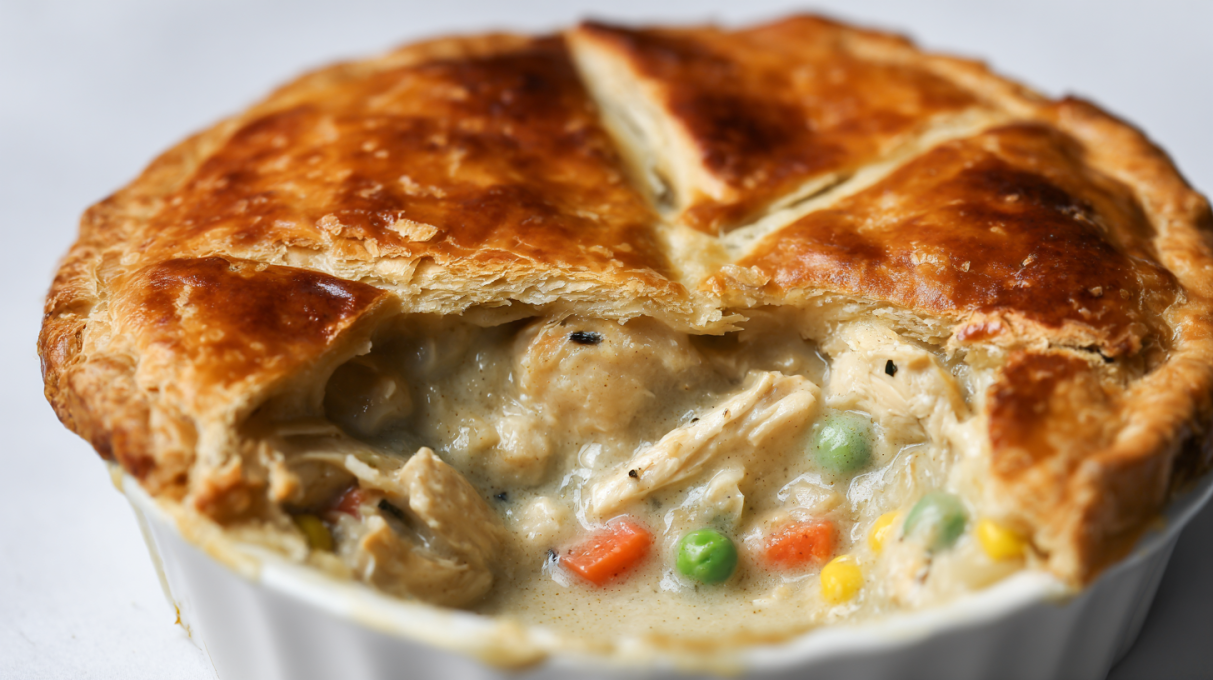 Golden sourdough chicken pot pie with flaky crust filled with creamy chicken and vegetables