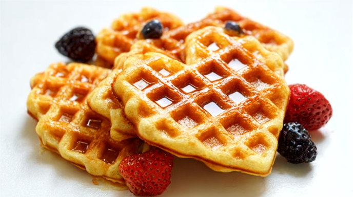 Crispy sourdough discard waffles with golden edges served with syrup and fresh berries