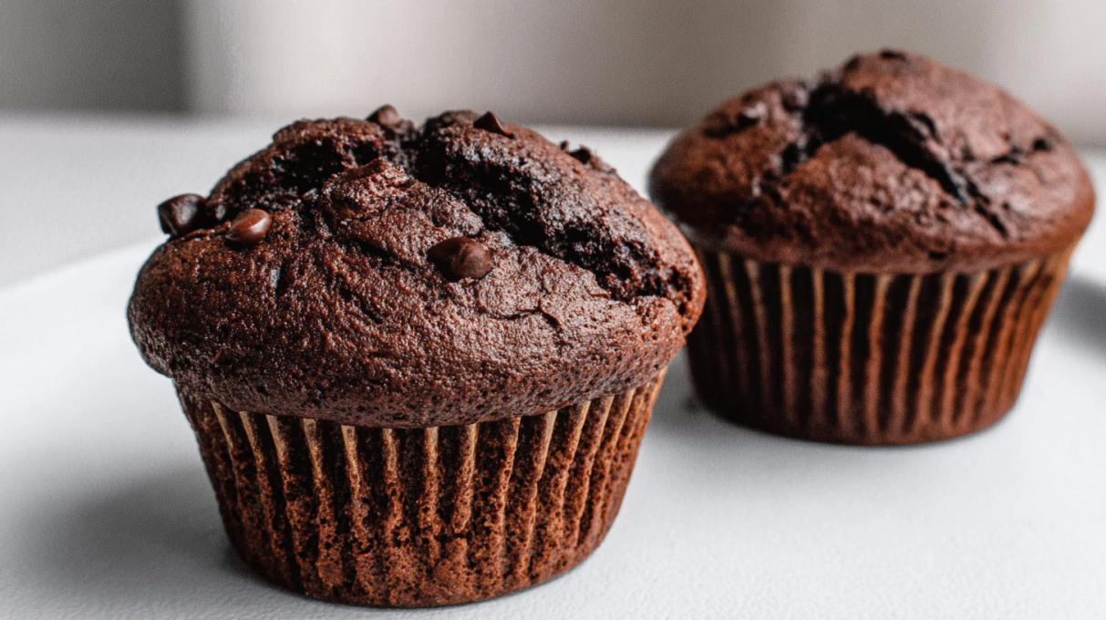Sourdough double chocolate muffins with rich chocolate chips and moist, tender crumb