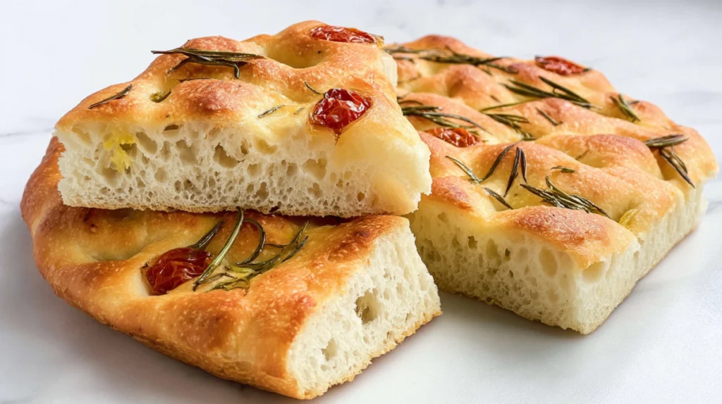 Sourdough focaccia bread with a golden crust, airy interior, and olive oil drizzle baked in a pan