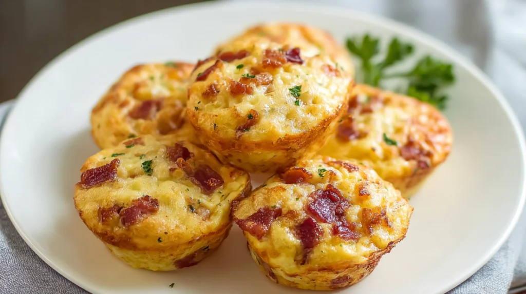 Starbucks Bacon Egg Bites on a white plate, fluffy sous vide egg muffins with crispy bacon and melted cheese, soft natural lighting, clean background, high-quality food photography