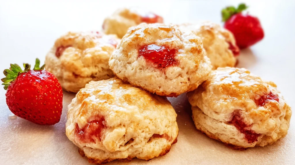 Strawberry honey biscuits topped with fresh strawberries and drizzled honey glaze