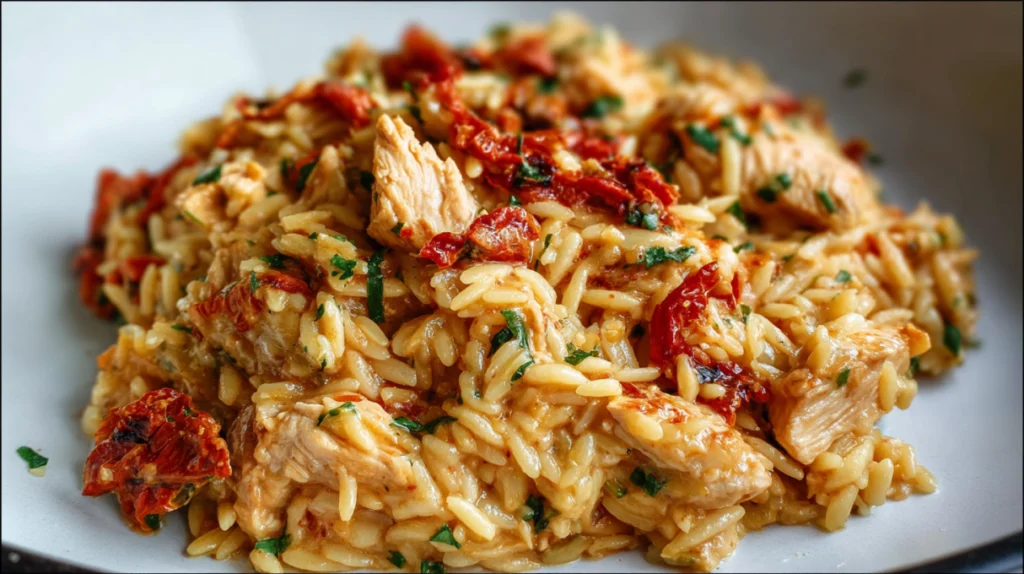 sun-dried tomato chicken orzo with creamy sauce, parmesan, and herbs