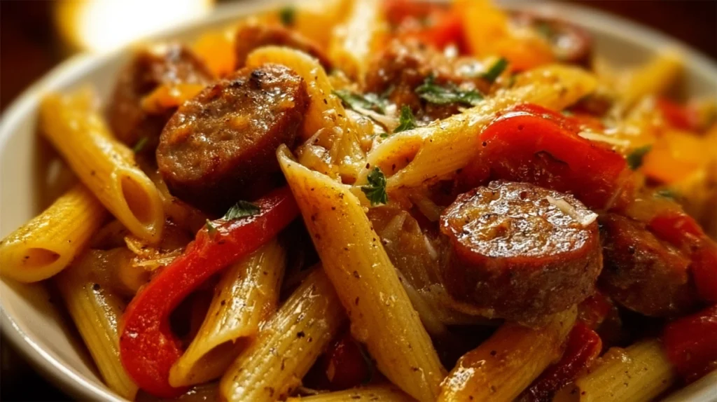 Sweet pepper and sausage pasta with sliced sausage, colorful bell peppers, and pasta in a savory sauce