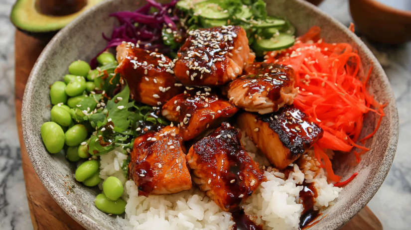 Teriyaki Salmon Bowl glazed salmon served over rice with vegetables, sesame seeds, and teriyaki sauce in a healthy balanced bowl
