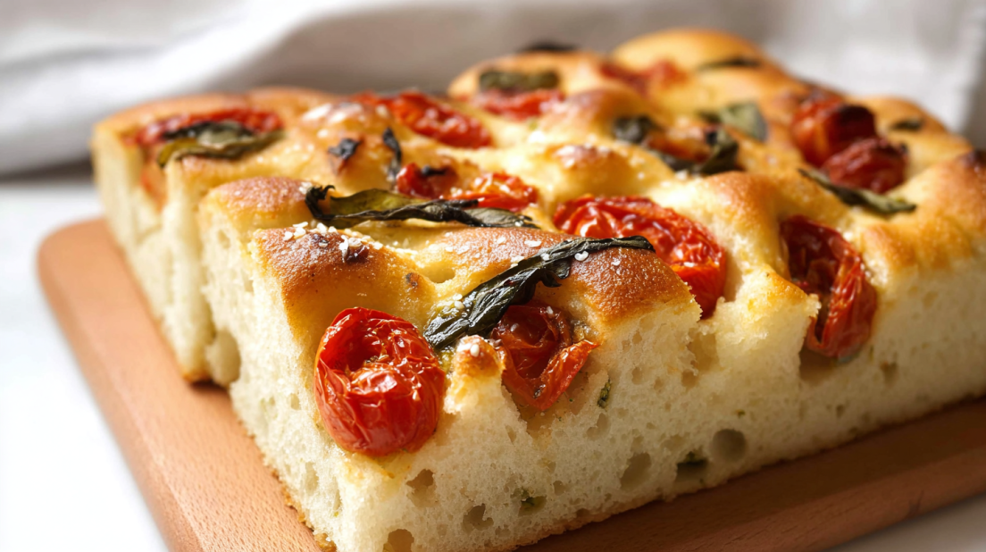 Tomato Basil Focaccia homemade focaccia bread topped with cherry tomatoes, fresh basil, and olive oil, golden artisan bread in pan
