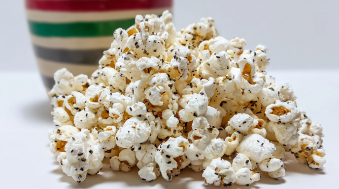 Truffled everything bagel popcorn tossed with seasoning and truffle oil, served in a bowl