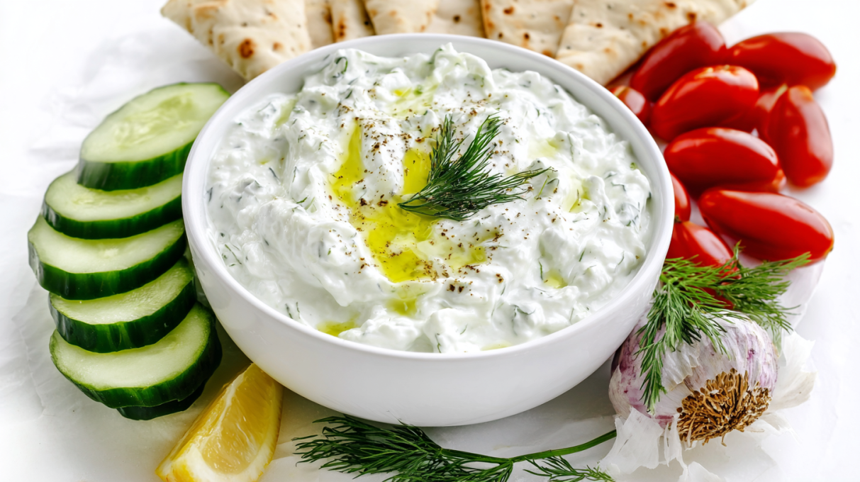 Creamy tzatziki sauce made with Greek yogurt, cucumber, garlic, and fresh dill