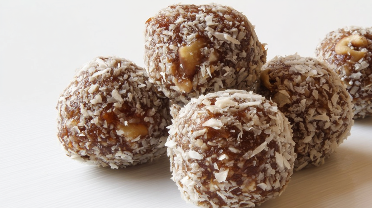 Walnut date energy balls rolled into bite-sized snacks, naturally sweet and coated with nuts