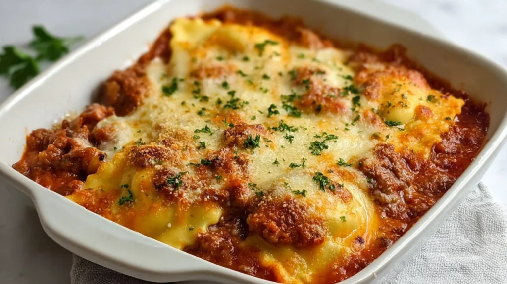 baked cheesy ravioli and meat sauce RECIPE