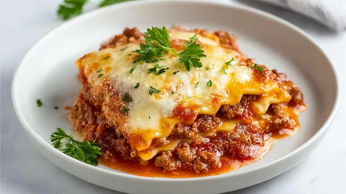 Baked cheesy ravioli and meat sauce casserole with layers of ravioli, rich tomato meat sauce, and melted mozzarella cheese
