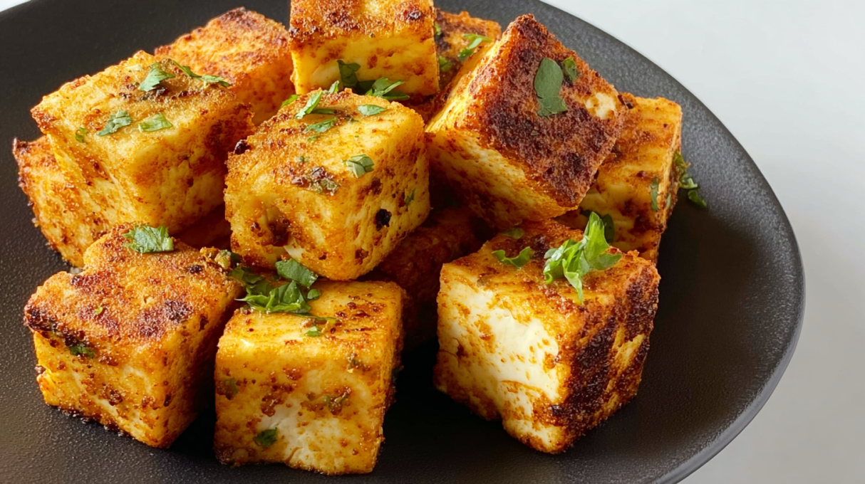 Golden baked paneer cubes seasoned with spices and roasted until lightly crispy