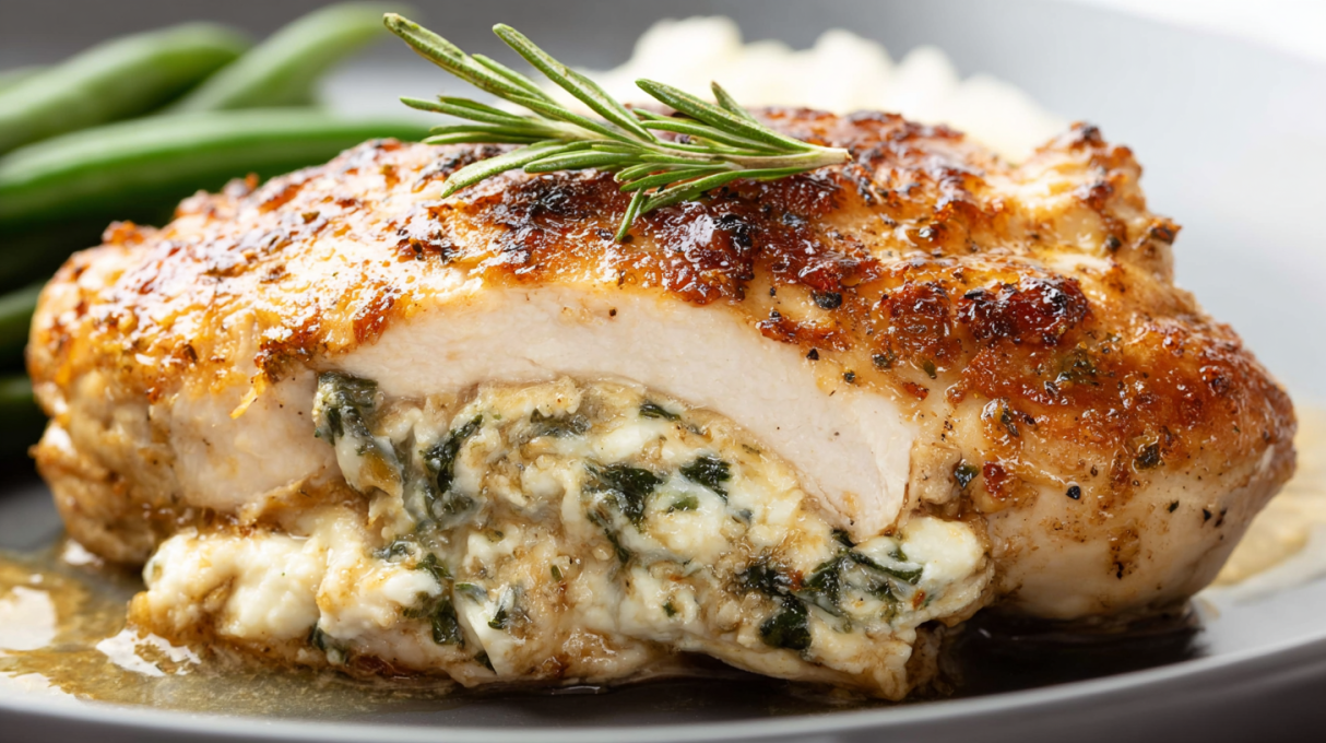 Juicy boursin stuffed chicken breast and baked until golden