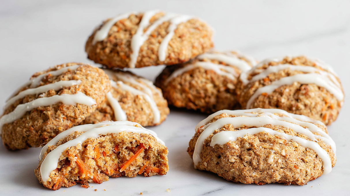 Soft carrot cake cookies topped with creamy frosting and a sprinkle of cinnamon