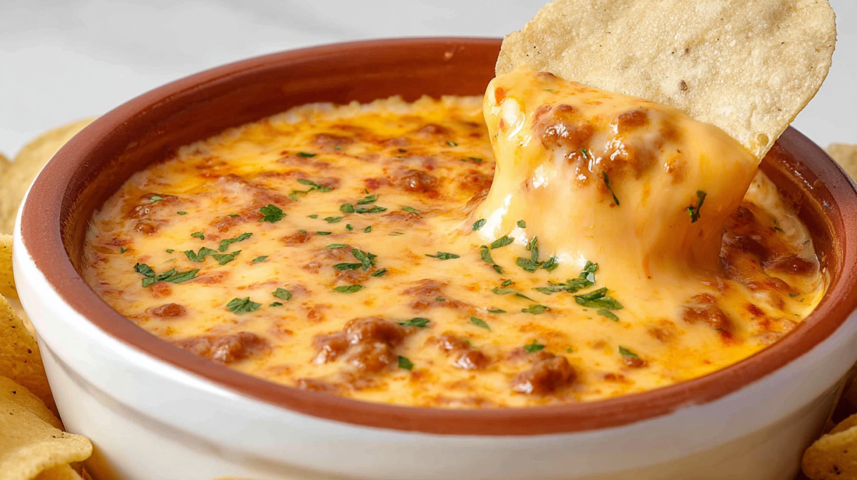 Hot chorizo cheese dip with melted cheese, spicy chorizo, and served with tortilla chips