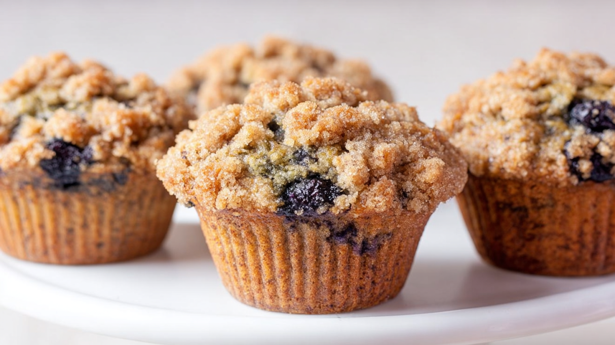 Cinnamon crumb blueberry zucchini muffins topped with a buttery cinnamon streusel