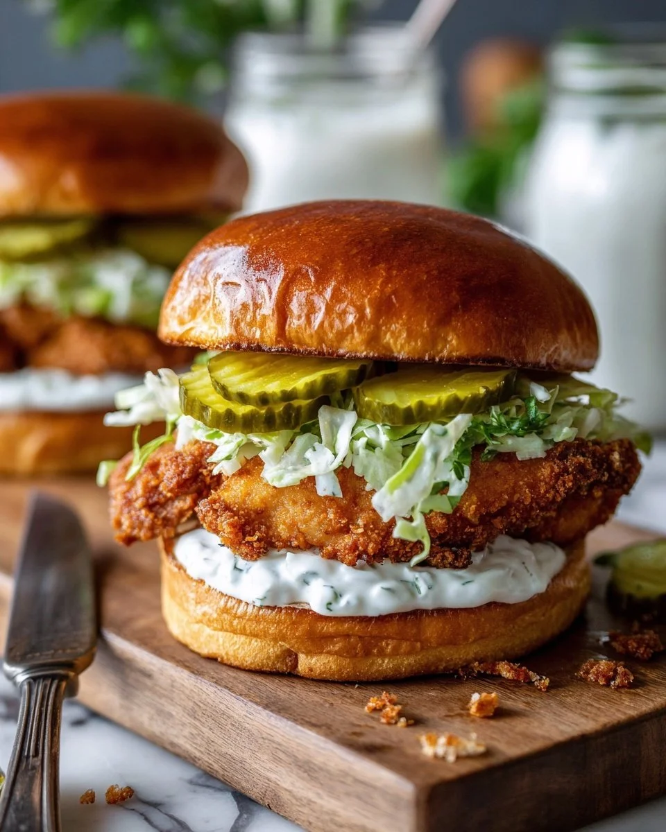Crispy dill chicken sandwich with fresh ingredients and savory flavors.