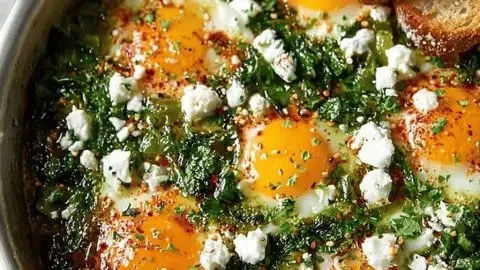 Delicious easy green shakshuka topped with fresh herbs and eggs in a skillet.