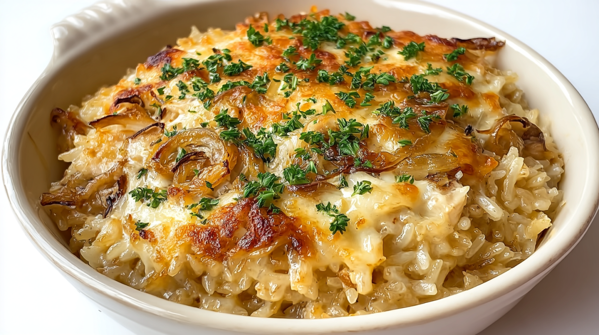 French onion chicken rice casserole with tender chicken, creamy rice, caramelized onions, and melted cheese