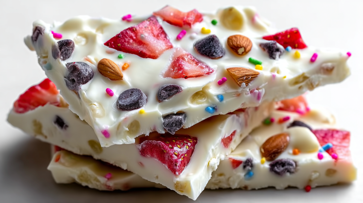 Frozen yogurt bark topped with fresh berries, granola, and a drizzle of honey