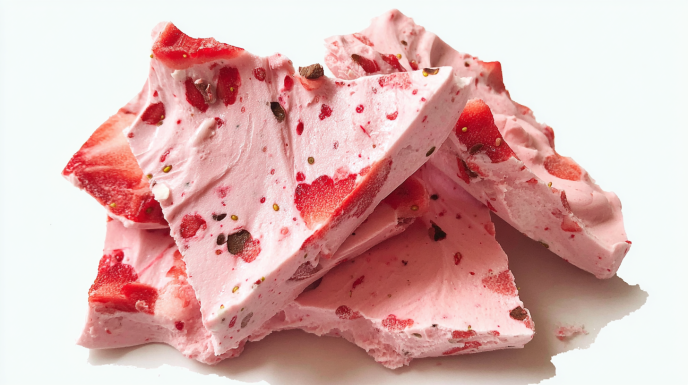 Frozen yogurt strawberry bark topped with fresh strawberry slices and a drizzle of chocolate