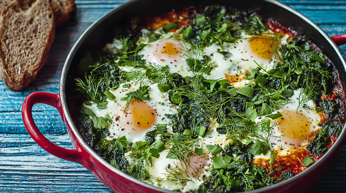 green shakshuka poached eggs in a skillet with sautéed spinach, herbs, and green vegetables, garnished with feta cheese, soft natural lighting, clean background, high-quality food photography