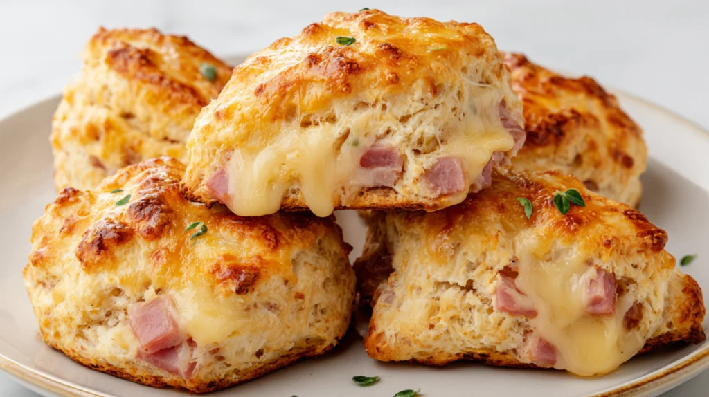 Fluffy golden ham and cheese scones baked until tender with melted cheese pockets