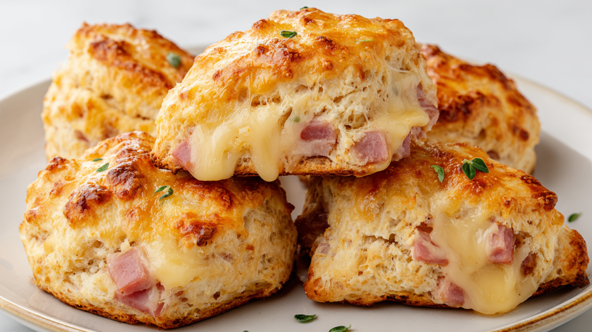 Fluffy golden ham and cheese scones baked until tender with melted cheese pockets