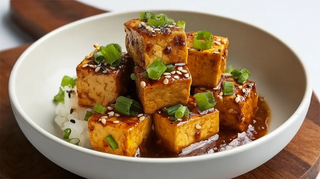 Crispy honey garlic tofu glazed in a sticky sweet and savory sauce