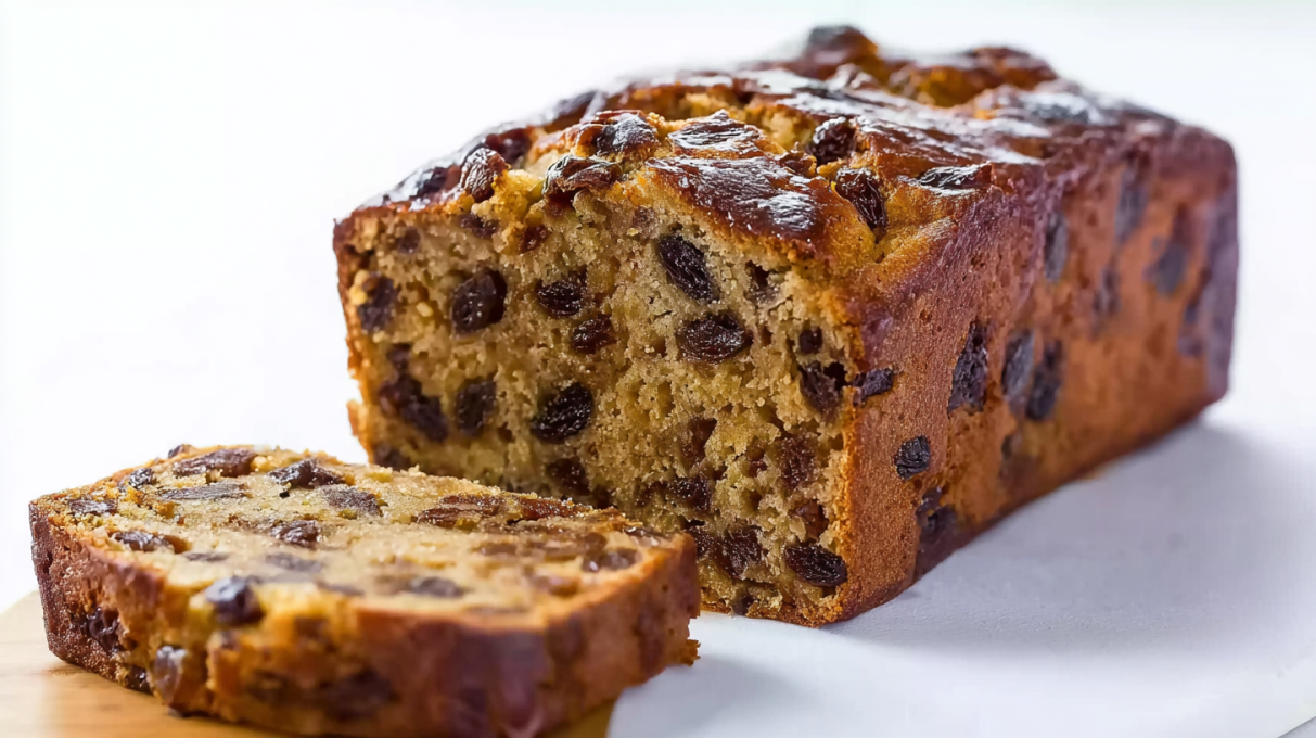 Irish Barmbrack fruit bread sliced and served with butter, filled with raisins and dried fruit