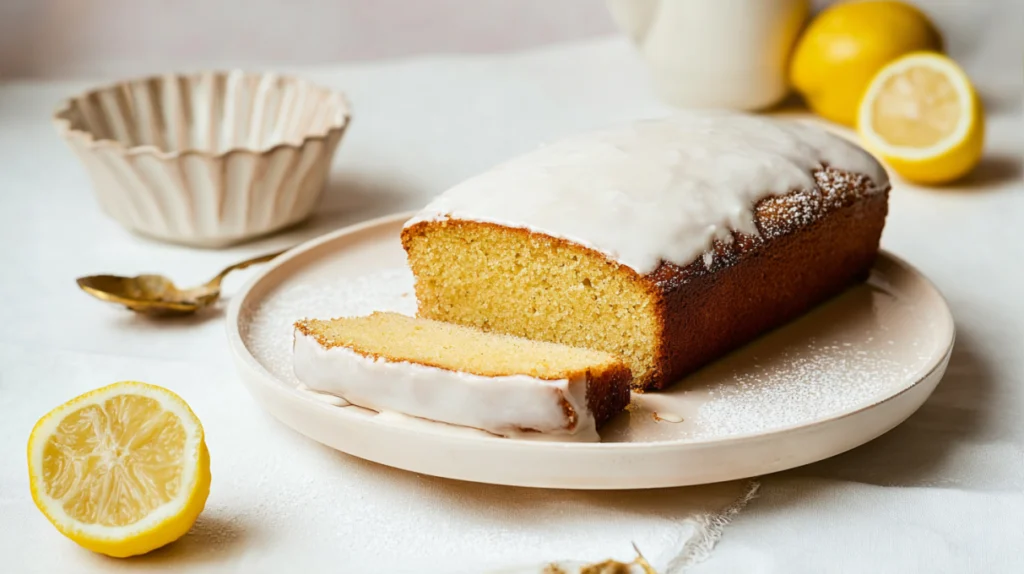 Lemon cake with sourdough discard topped with lemon glaze, moist and tender with bright citrus flavor