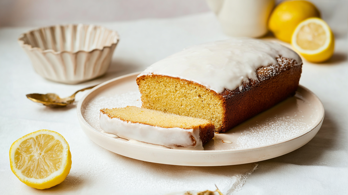 Lemon cake with sourdough discard topped with lemon glaze, moist and tender with bright citrus flavor