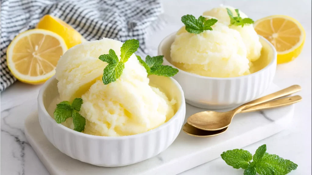 Refreshing lemon sorbet served in a bowl with a smooth icy texture and fresh lemon zest