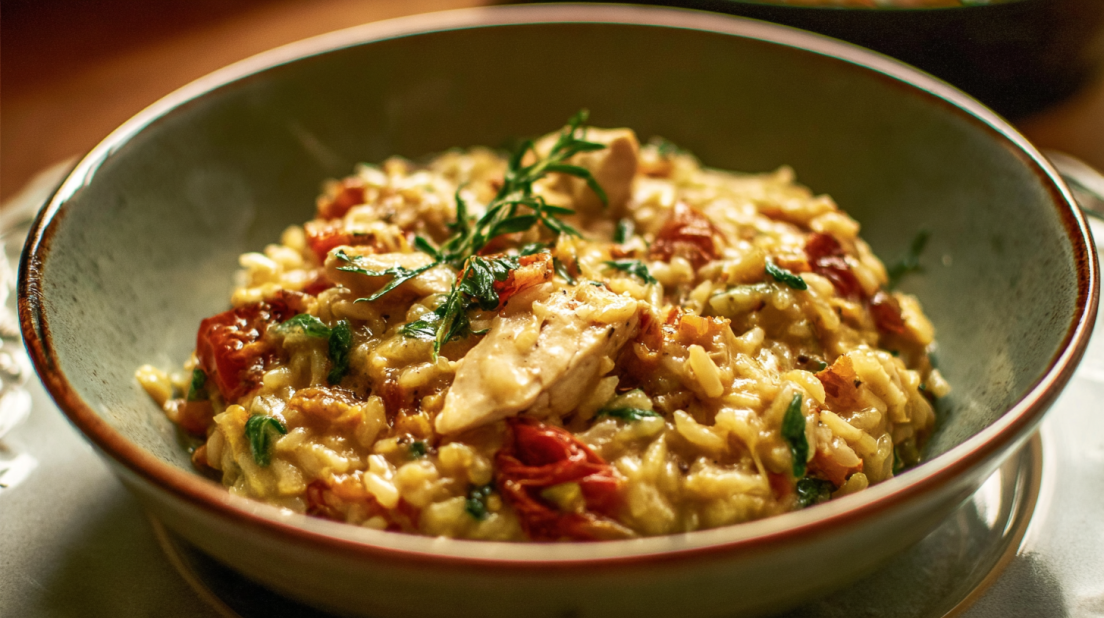 marry me chicken risotto creamy parmesan risotto with tender chicken in a rich sun-dried tomato garlic sauce, garnished with fresh herbs, soft natural lighting, high-quality food photography, clean background