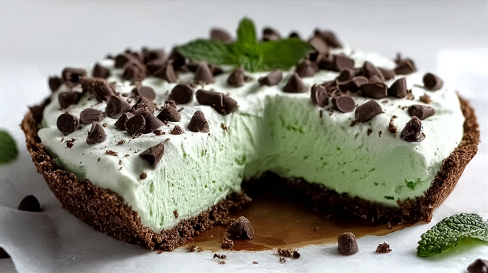 Mint chocolate chip no bake pie with creamy mint filling, chocolate chips, and a cookie crust
